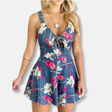 Viskózový overal Anna s přiléhavým pasem | Overal bez rukávů s květinovým vzorem