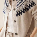 Retro pletený kardigan Fair Isle s kulatým výstřihem a geometrickými bloky.