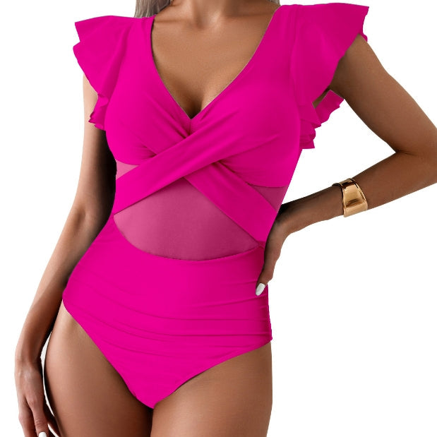 Dámské jednodílné plavky – Hluboký výstřih – Volánkové rukávy – Tylový detail