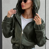 Volná streetwear bunda s kapucí z černé umělé kůže