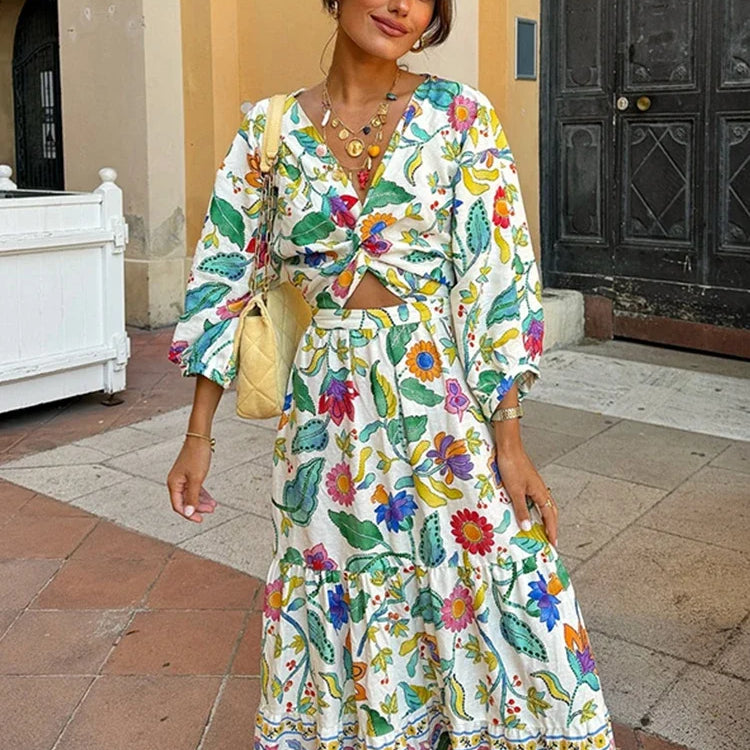 Dámská sukně a top - Zavinovací styl - Dlouhý rukáv - Květinový potisk - Splývavý vzor