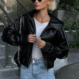Volná streetwear bunda s kapucí z černé umělé kůže