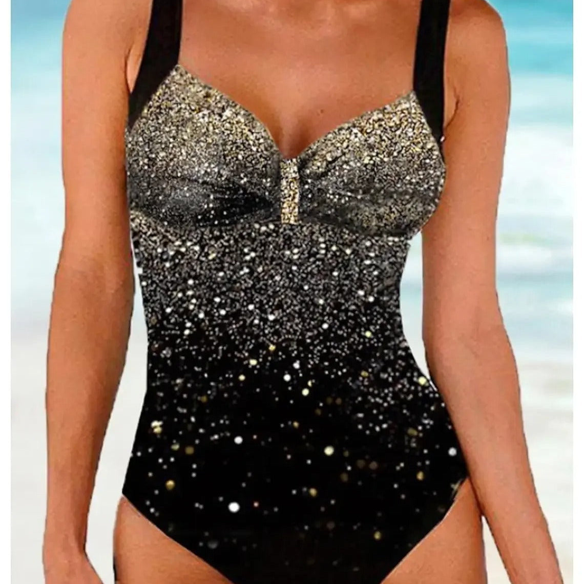 Dámské jednodílné plavky – Tvarující střih – Všitá podprsenka – Flitrový potisk