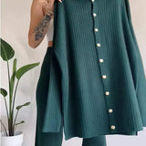 Dámská souprava – vesta na knoflíky a kalhoty s vysokým pasem – žebrovaný úplet – volný střih