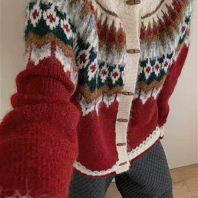 Pletený kardigan Fair Isle s kulatým výstřihem a rohovinovými knoflíky, kulatý výstřih