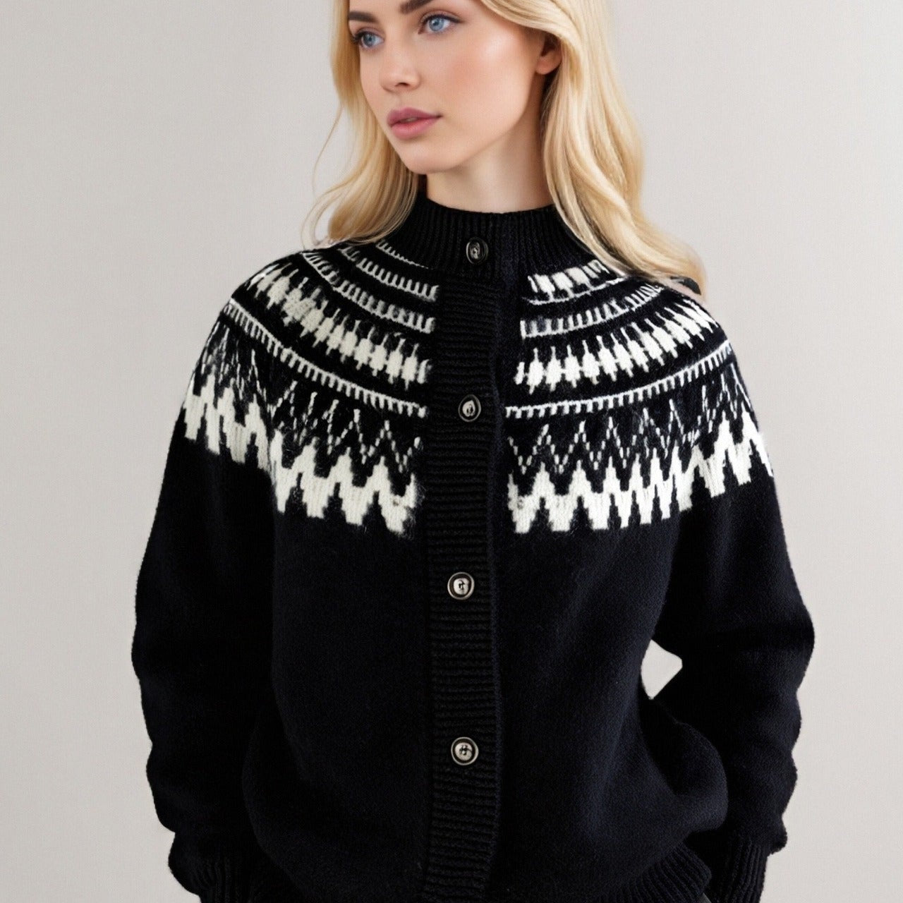 Retro pletený kardigan Fair Isle s kulatým výstřihem a geometrickými bloky.