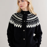 Retro pletený kardigan Fair Isle s kulatým výstřihem a geometrickými bloky.