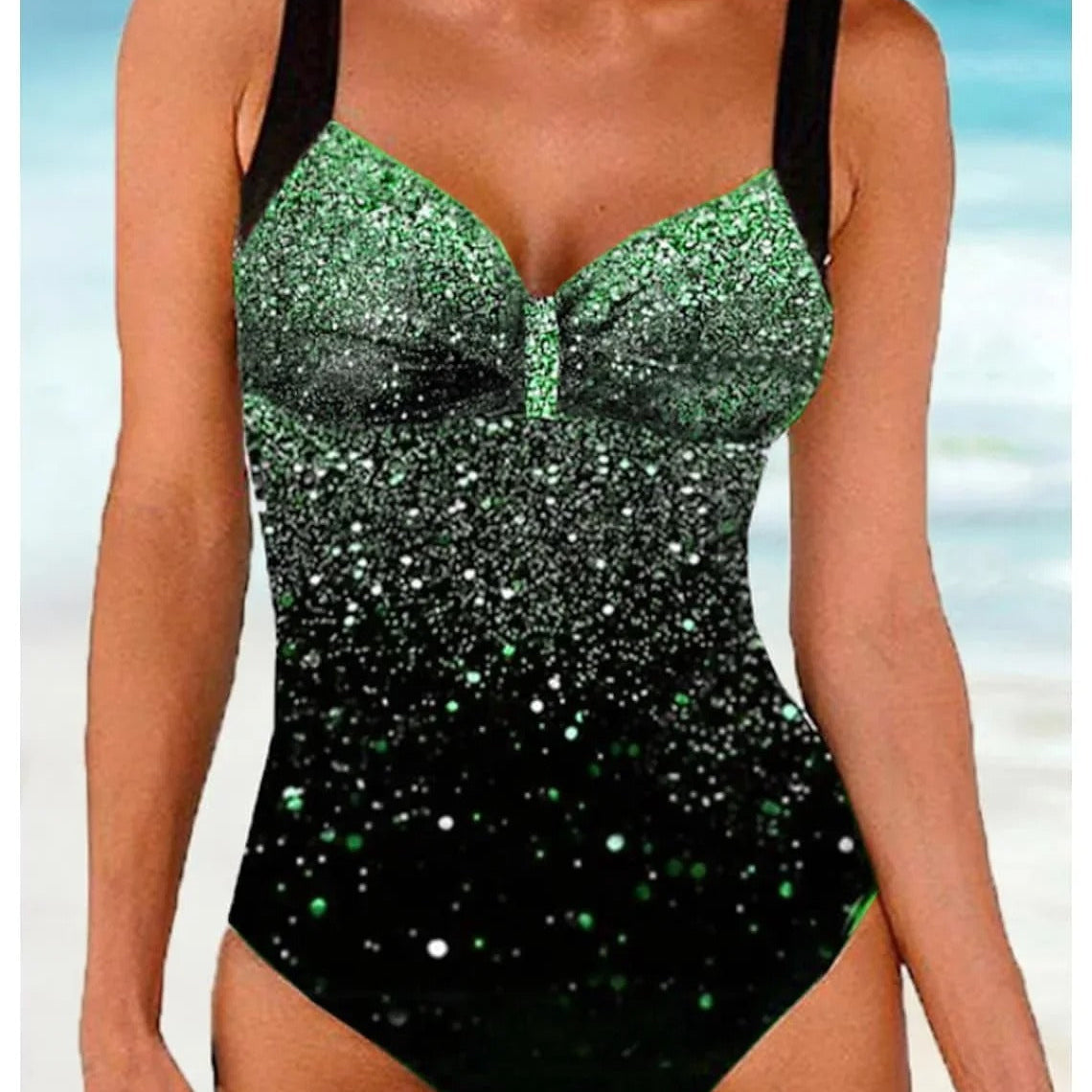 Dámské jednodílné plavky – Tvarující střih – Všitá podprsenka – Flitrový potisk