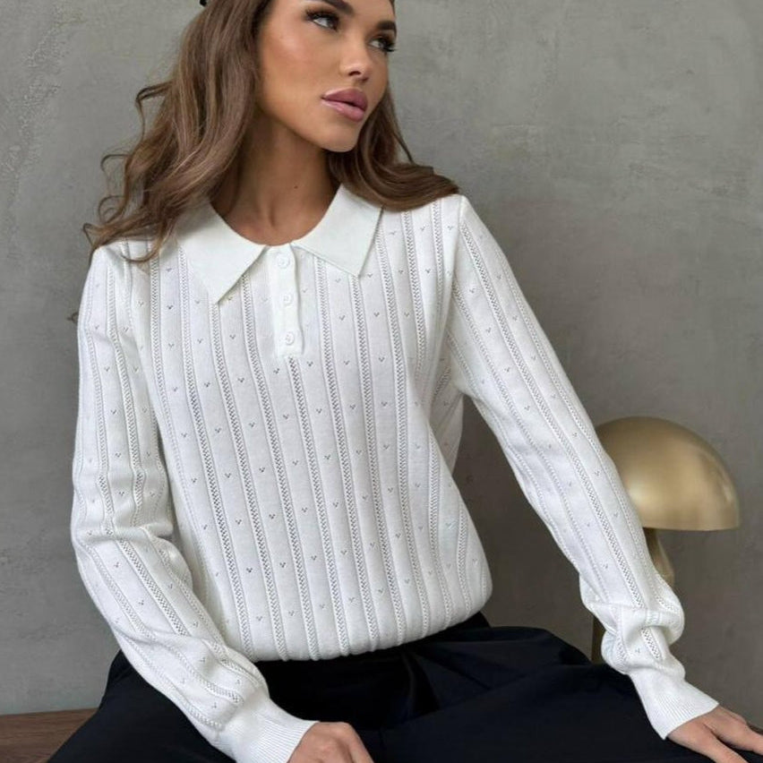 Volná halenka s žakárovým polo límcem a dlouhými rukávy