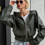 Volná streetwear bunda s kapucí z černé umělé kůže