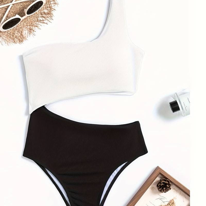 Dámské plavky – Jednodílné – Asymetrický výstřih – Vysoký střih nohavic – Žebrovaný materiál