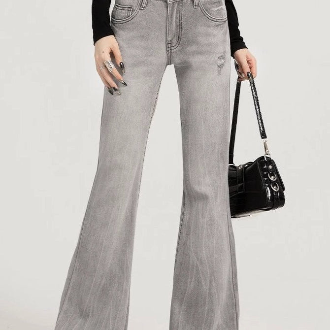 Všestranné kouřově šedé slim bootcut džíny