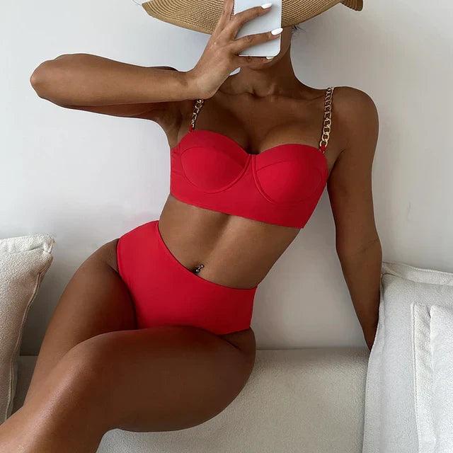 Bikiny s vysokým pasem a vyztužením - Elegantní s elegantními řetízkovými ramínky