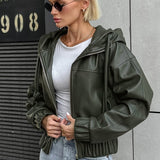 Volná streetwear bunda s kapucí z černé umělé kůže
