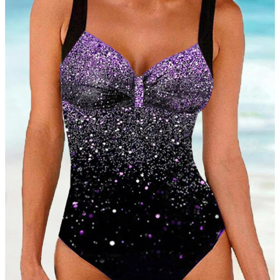 Dámské jednodílné plavky – Tvarující střih – Všitá podprsenka – Flitrový potisk