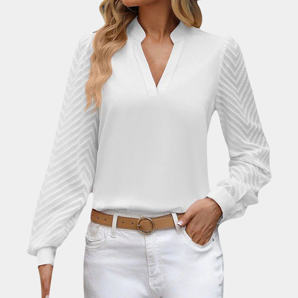 Dámská halenka - Výstřih do V s rozparkem - Dlouhé průsvitné rukávy - Elegantní splývavý střih