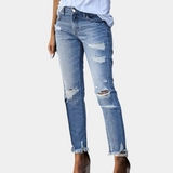 Dámské džíny slim fit - klasický pas - opotřebovaný efekt a roztřepený lem - ležérní styl
