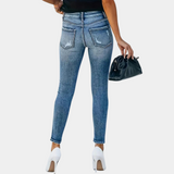 Dámské úzké džíny - Vysoký pas - Odhalené knoflíky - Strečový denim - Opotřebovaný efekt
