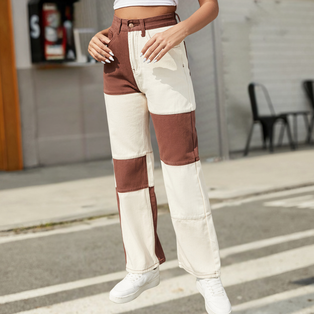 Dámské džíny - Rovný střih - Módní patchwork - Vysoký pas - Ležérní Trendy