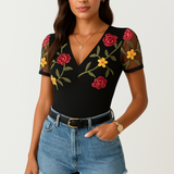 Body femme – Coupe ajustée – Manches courtes en tulle – Col en V brodé floral