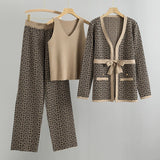 Dámská souprava – Měkký úplet – Top bez rukávů – Kalhoty s vysokým pasem – Vesta s páskem