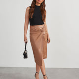 Dámská pouzdrová sukně – Přiléhavý střih – Kožený vzhled – Nařasený pas – Midi boční rozpark