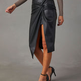 Dámská pouzdrová sukně – Přiléhavý střih – Kožený vzhled – Nařasený pas – Midi boční rozpark