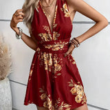 Dámský krátký overal – Bez rukávů – Výstřih do V – Přiléhavý pas – Květinový vzor