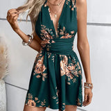 Dámský krátký overal – Bez rukávů – Výstřih do V – Přiléhavý pas – Květinový vzor