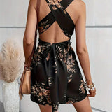 Dámský krátký overal – Bez rukávů – Výstřih do V – Přiléhavý pas – Květinový vzor