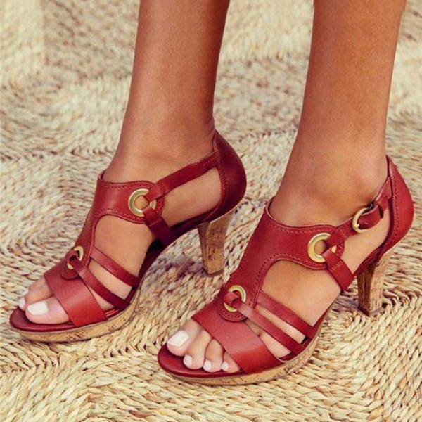 Dámské sandály na podpatku – Páskový design – Kovové přezky – Elegantní s otevřenou špičkou