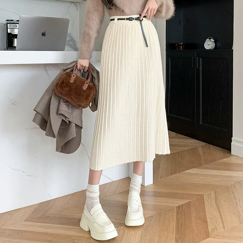 Dámská midi sukně – Slim fit – Plisovaná – Vysoký pas s páskem – Vlna