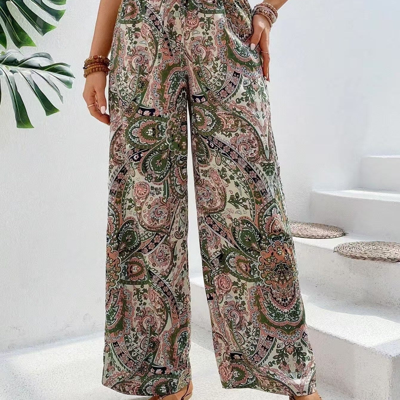 Dámské kalhoty se širokými nohavicemi – Prodyšný materiál – Splývavý střih – Boho stylová elastická pasová část