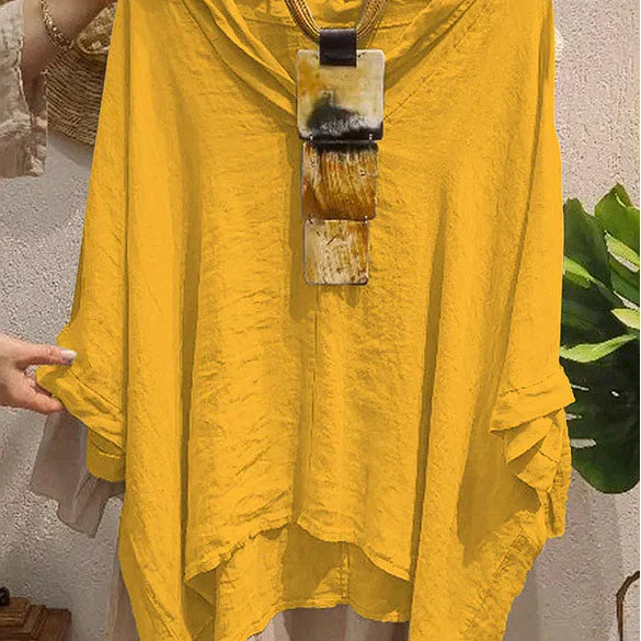 Dámská halenka – Lněná – Volný střih – S kapucí – Dlouhá – Ležérní styl