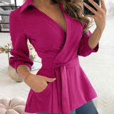 Dámská halenka – Přiléhavý střih – Dlouhý rukáv – Košilový límec – Nastavitelný pásek