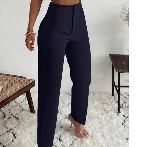 Dámské kalhoty – Slim fit – Vysoký pas – Elegantní sklady – Prémiová splývavá tkanina
