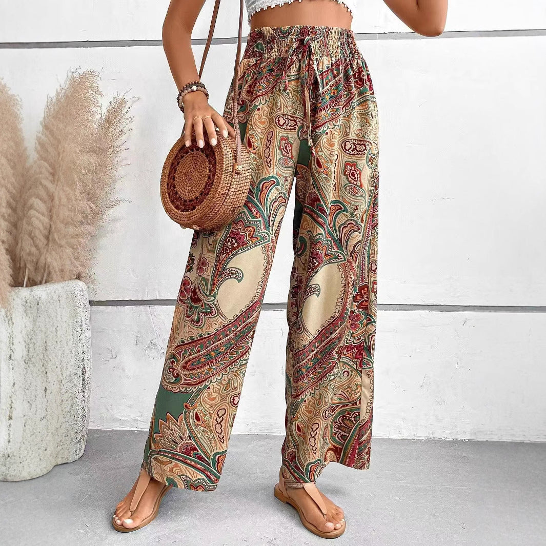 Dámské kalhoty se širokými nohavicemi – Prodyšný materiál – Splývavý střih – Boho stylová elastická pasová část