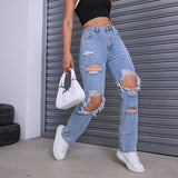 Dámské džíny – Volný střih – Pevný denim – Otrhané džíny – Po celé délce