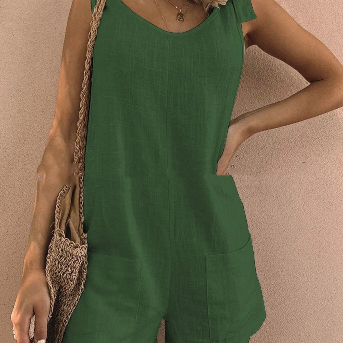 Dámský overal – Nastavitelná ramínka – Vlnitý výstřih – Nakládané kapsy