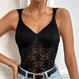 Body femme – Dentelle transparente – Coupe ajustée – Décolleté plongeant – Sans manches