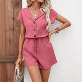 Dámské overalové kraťasy – Volný střih – Žebrovaná tkanina – Výstřih do V s knoflíky – Nastavitelný pas