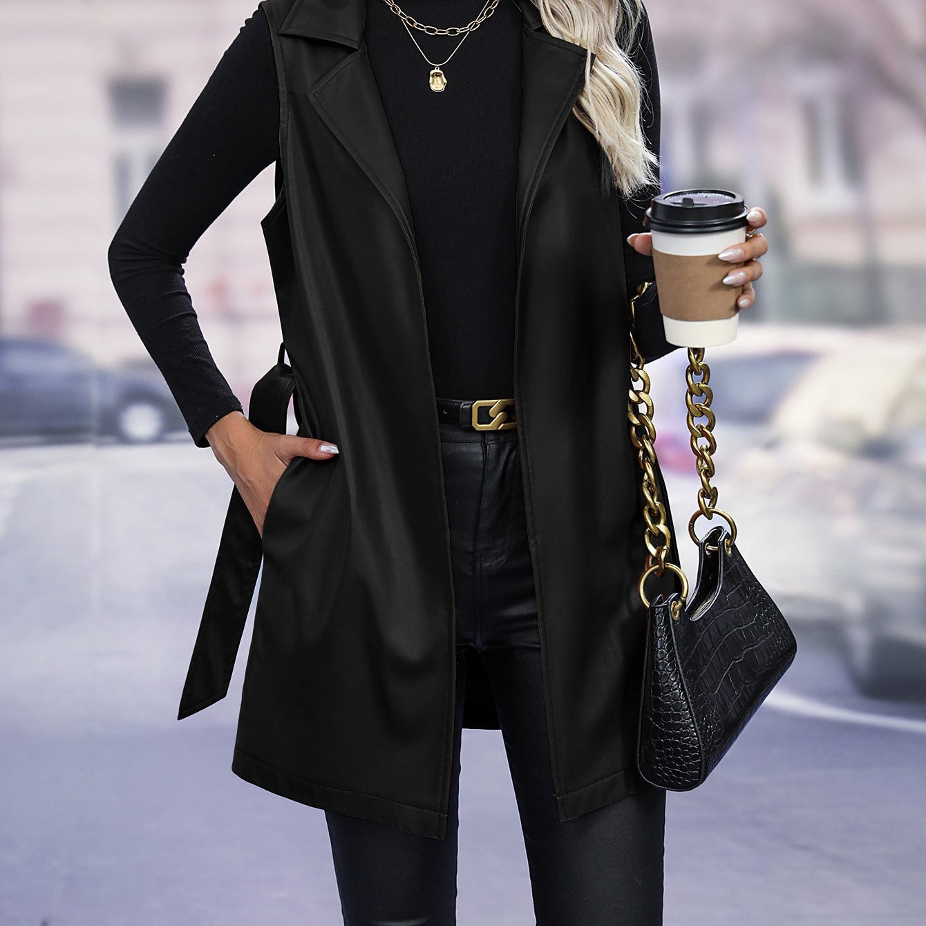 Dámská bunda bez rukávů – Umělá kůže – Přiléhavý střih – Nastavitelný pásek