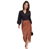 Dámská pouzdrová sukně – Nařasená umělá kůže – Úzký střih – Přední rozparek – Midi délka