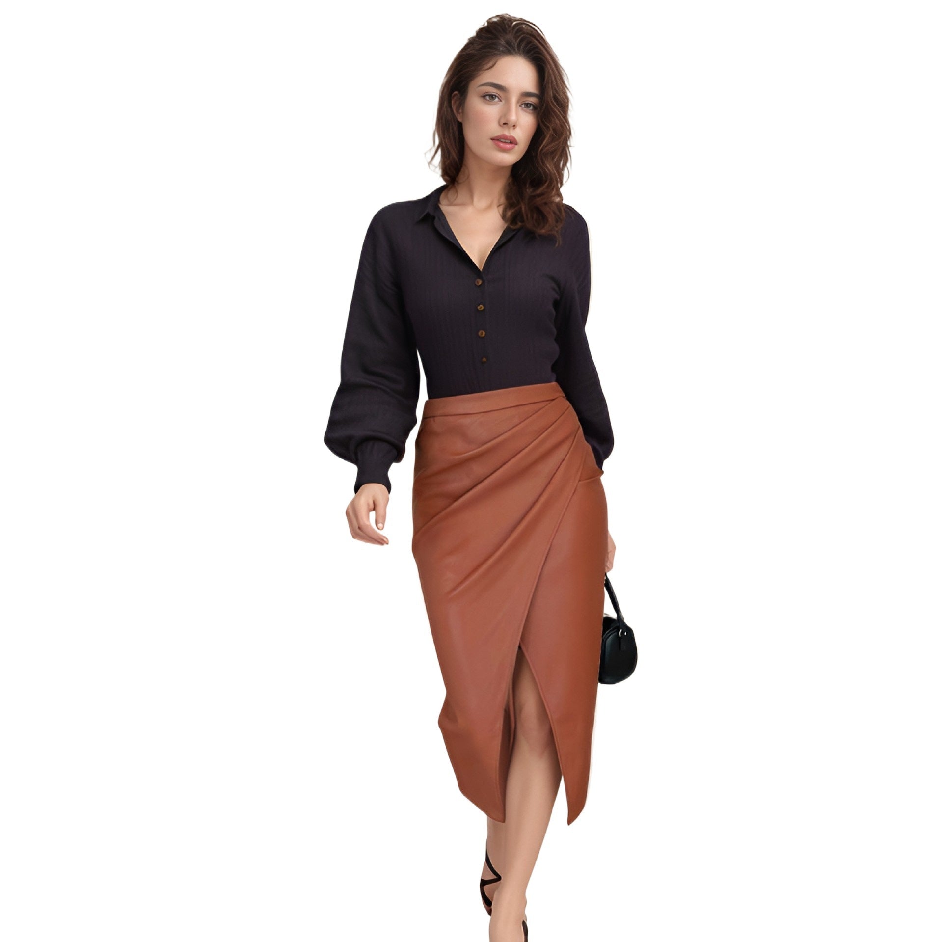 Dámská pouzdrová sukně – Nařasená umělá kůže – Úzký střih – Přední rozparek – Midi délka