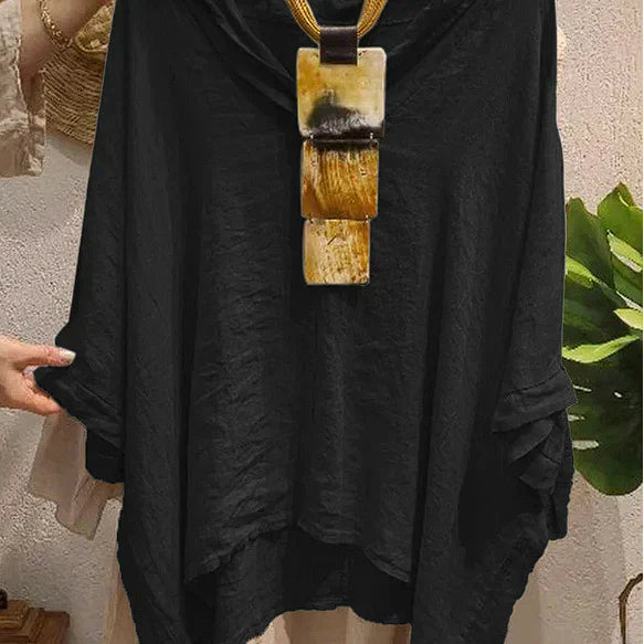 Dámská halenka – Lněná – Volný střih – S kapucí – Dlouhá – Ležérní styl