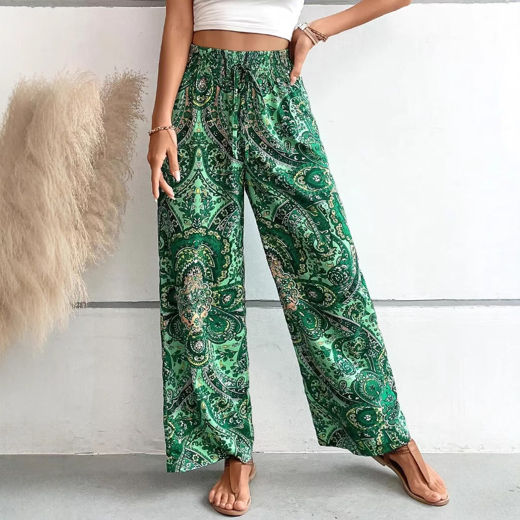 Dámské kalhoty se širokými nohavicemi – Prodyšný materiál – Splývavý střih – Boho stylová elastická pasová část