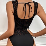 Body femme – Dentelle transparente – Coupe ajustée – Décolleté plongeant – Sans manches