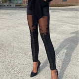 Dámské kalhoty - Strečová tkanina - Slim Fit - Květinové krajkové vsadky - Vysoký pas