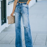 Dámské džíny – Vysoký pas – Volný střih – Široké nohavice – Opotřebovaný denim – Celoproudé