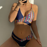 Dámské plavky – Bikiny s vysokým výstřihem – Geometrický vzor – Prodyšná strečová tkanina